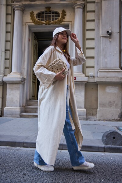 0014 Keten Trençkot - Ekru - 3