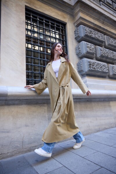 0014 Keten Trençkot - Yeşil - 5