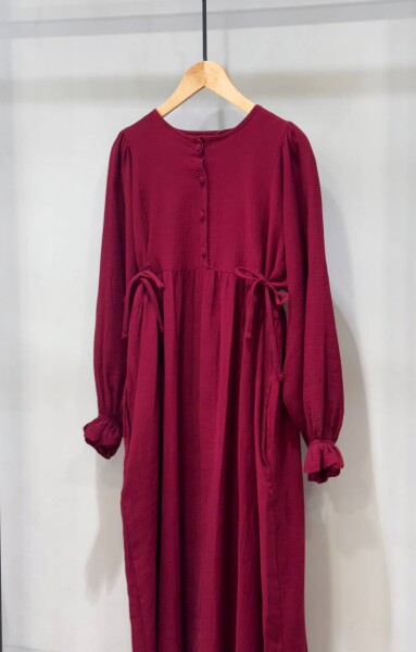 0078 Müslin Belden Bağlamalı Elbise Bordo