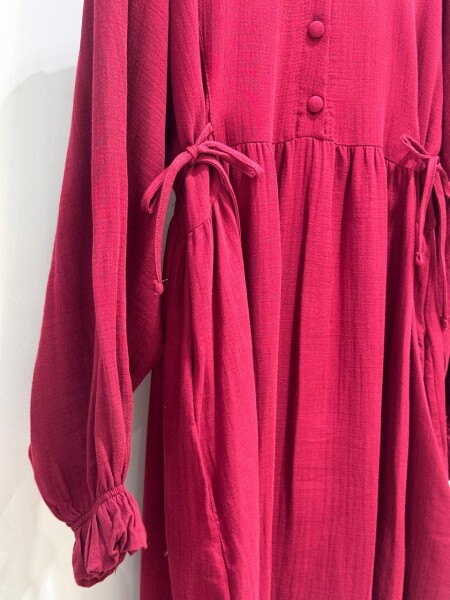 0078 Müslin Belden Bağlamalı Elbise Bordo - 2