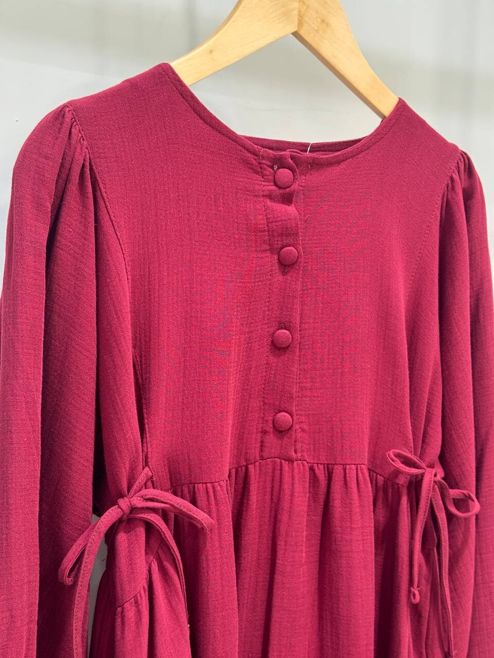 0078 Müslin Belden Bağlamalı Elbise Bordo - 3