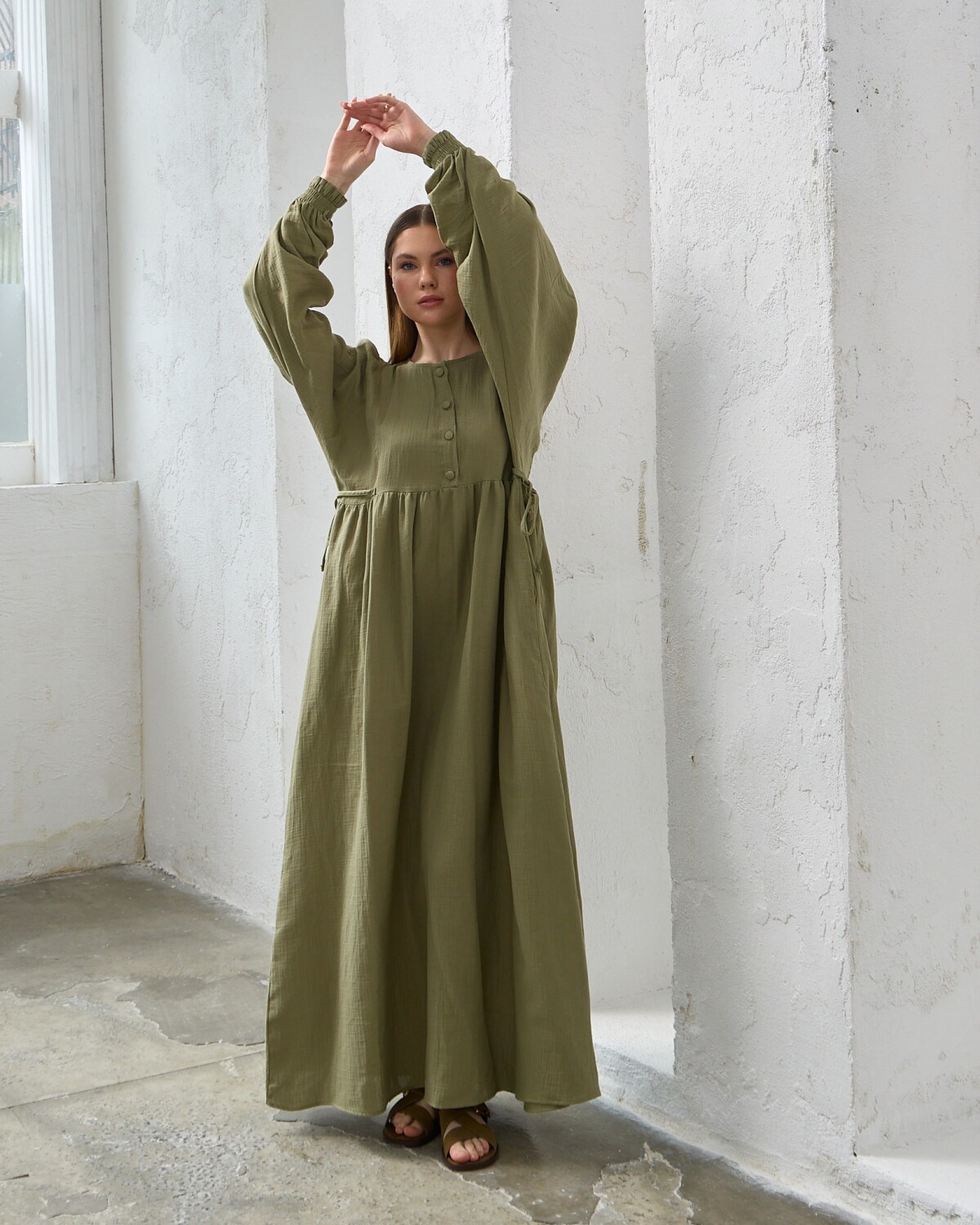 0078 Müslin Belden Bağlamalı Elbise Çağla - 2