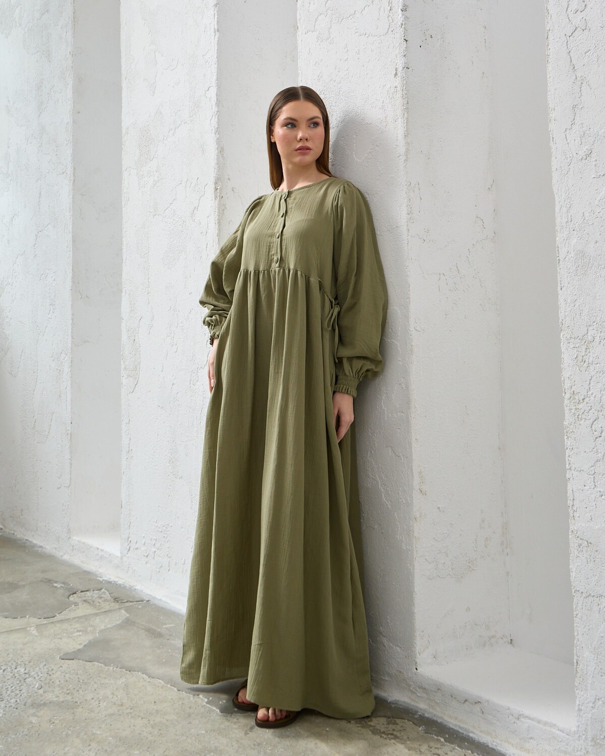 0078 Müslin Belden Bağlamalı Elbise Çağla - 7