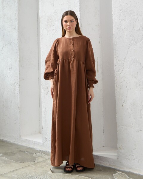 0078 Müslin Belden Bağlamalı Elbise Kahverengi - 5