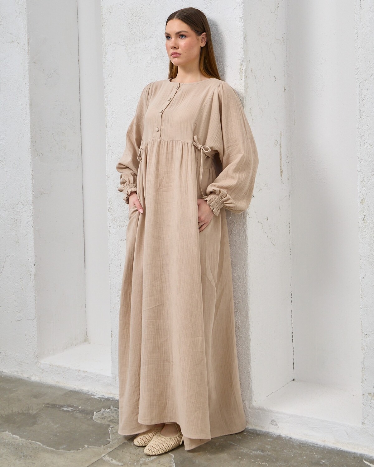 0078 Müslin Belden Bağlamalı Elbise Kirli Taş - 1