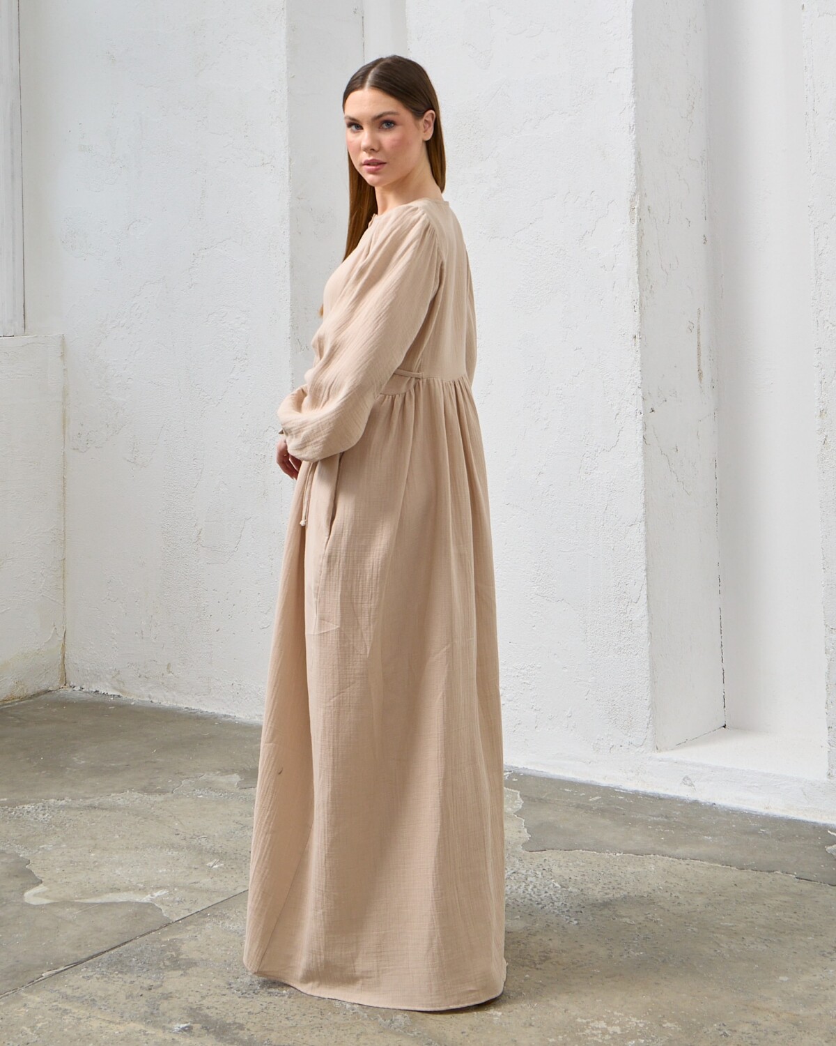 0078 Müslin Belden Bağlamalı Elbise Kirli Taş - 2