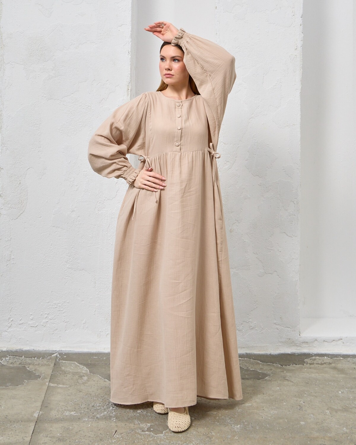 0078 Müslin Belden Bağlamalı Elbise Kirli Taş - 3