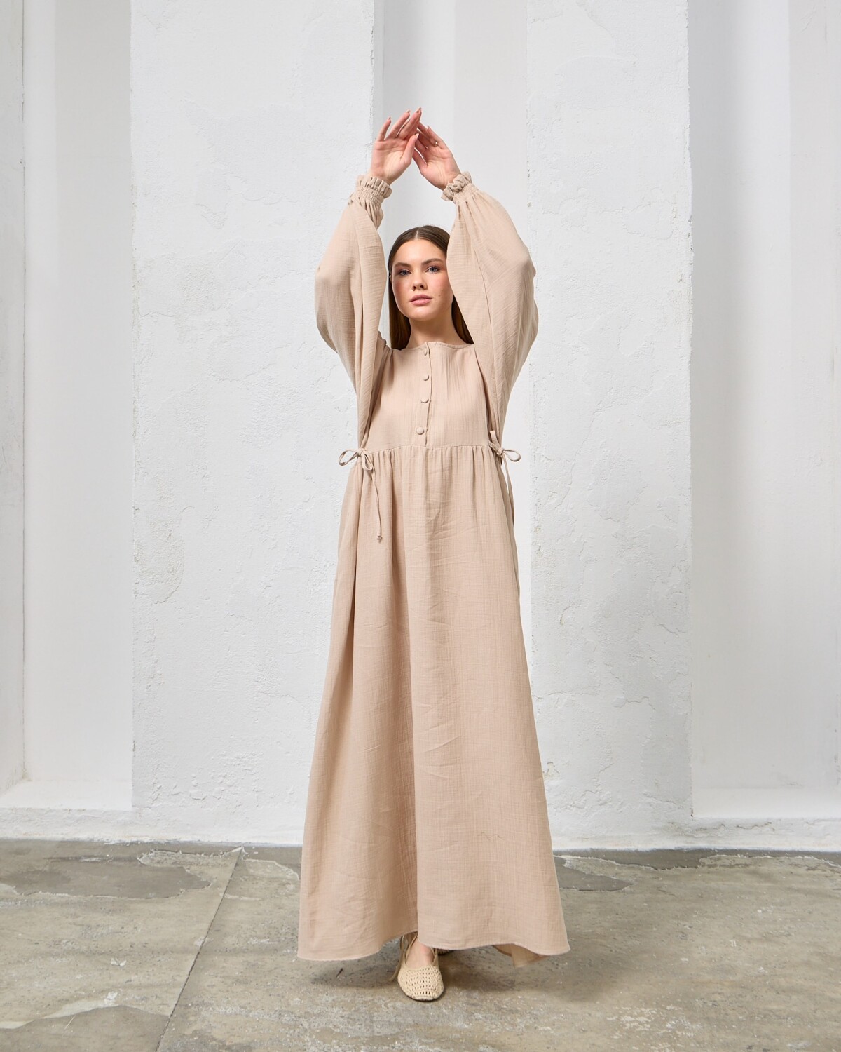 0078 Müslin Belden Bağlamalı Elbise Kirli Taş - 4