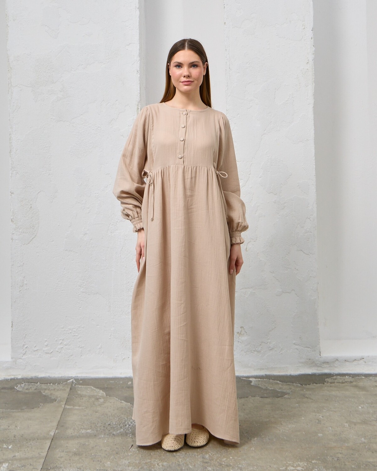 0078 Müslin Belden Bağlamalı Elbise Kirli Taş - 5