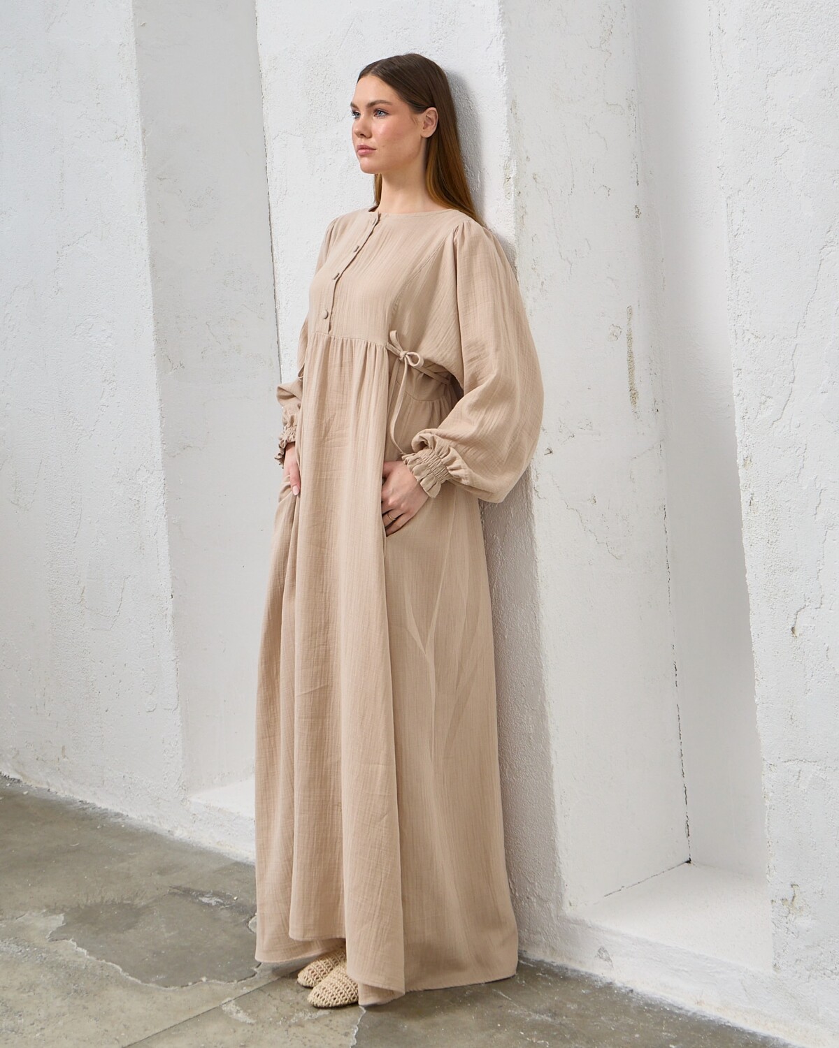 0078 Müslin Belden Bağlamalı Elbise Kirli Taş - 8