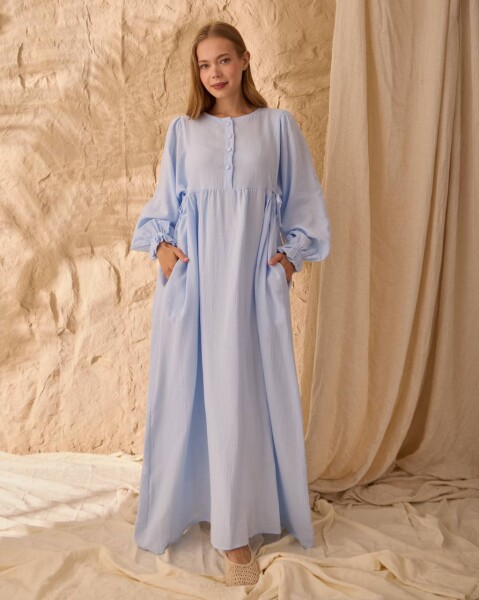 0078 Müslin Belden Bağlamalı Elbise Mavi 