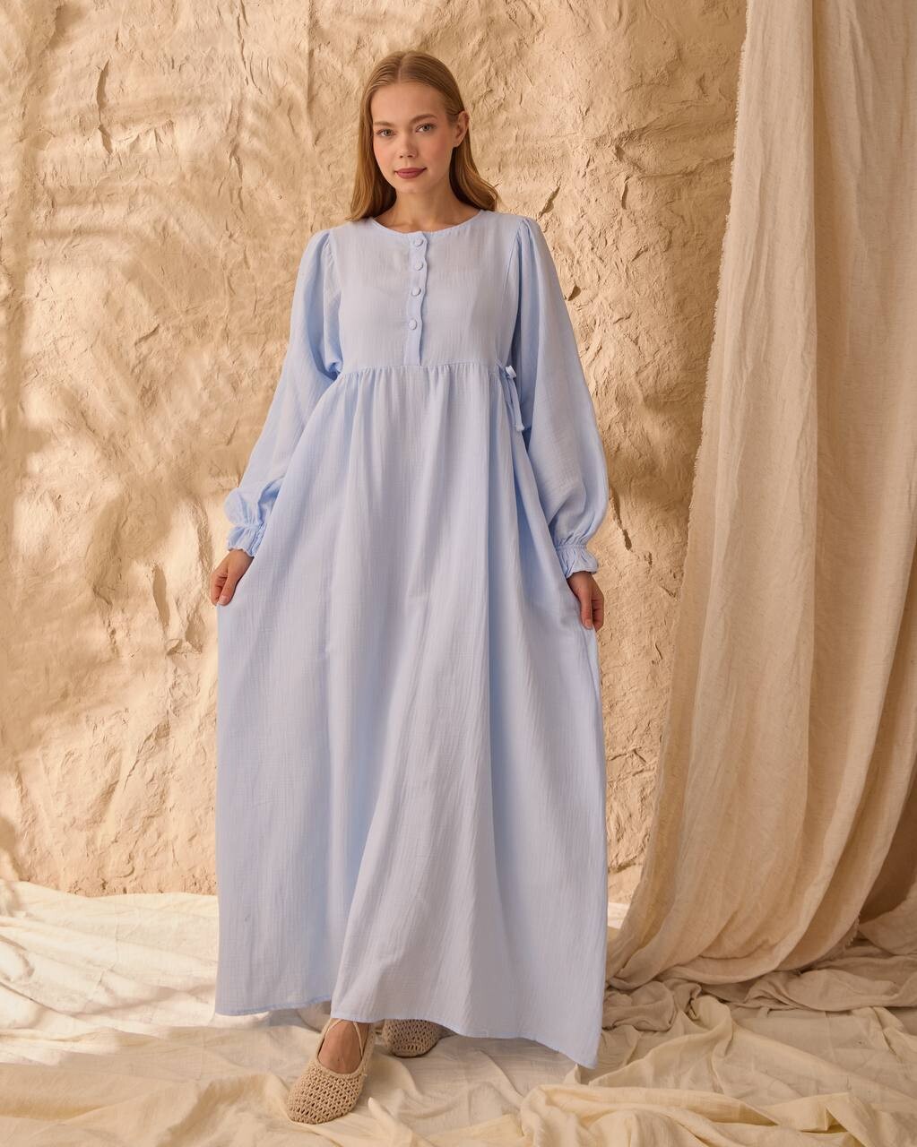 0078 Müslin Belden Bağlamalı Elbise Mavi - 2