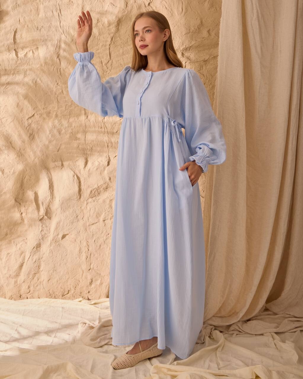 0078 Müslin Belden Bağlamalı Elbise Mavi - 3