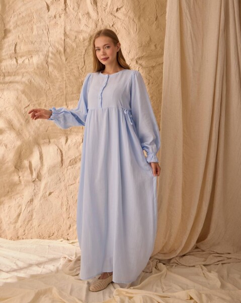 0078 Müslin Belden Bağlamalı Elbise Mavi - 4