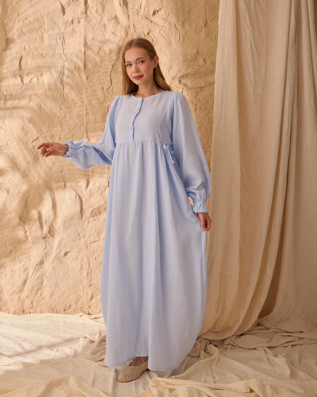 0078 Müslin Belden Bağlamalı Elbise Mavi - 4