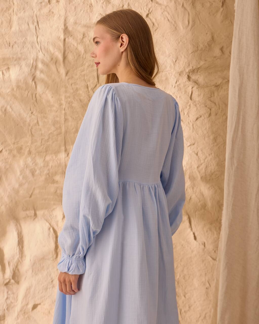 0078 Müslin Belden Bağlamalı Elbise Mavi - 5