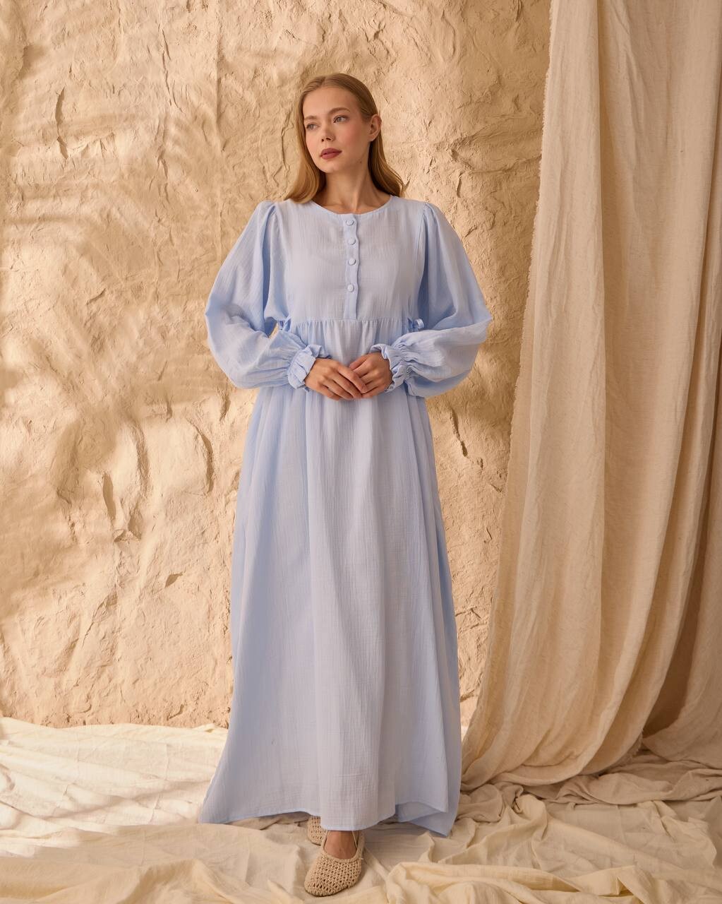 0078 Müslin Belden Bağlamalı Elbise Mavi - 6