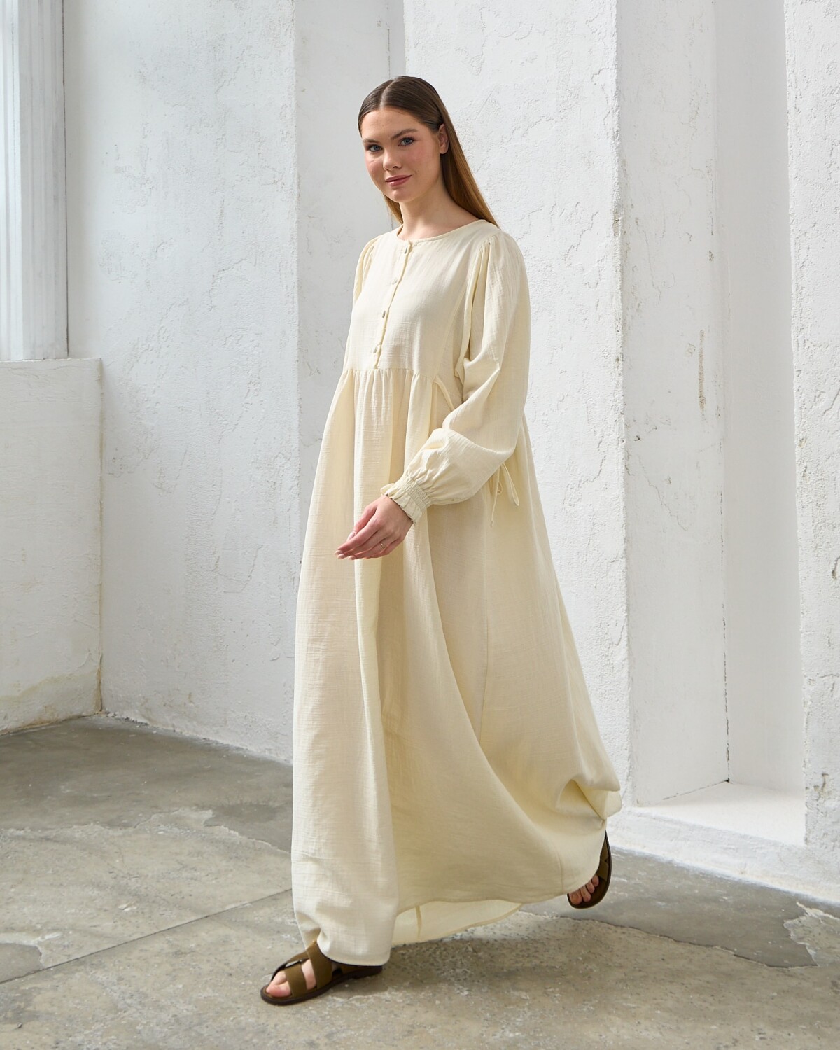 0078 Müslin Belden Bağlamalı Elbise Naturel - 1