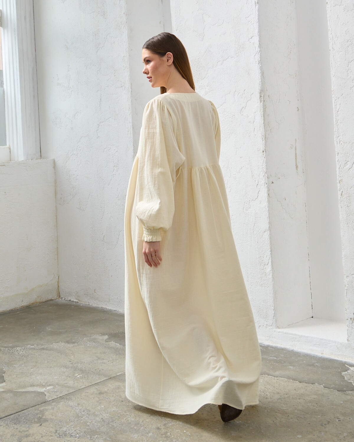 0078 Müslin Belden Bağlamalı Elbise Naturel - 3