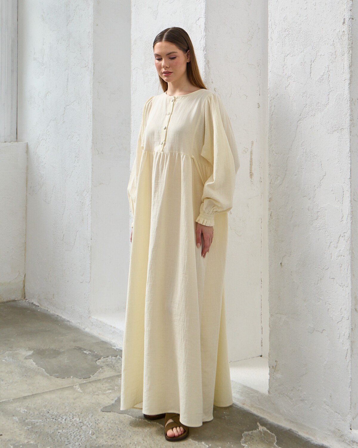 0078 Müslin Belden Bağlamalı Elbise Naturel - 4