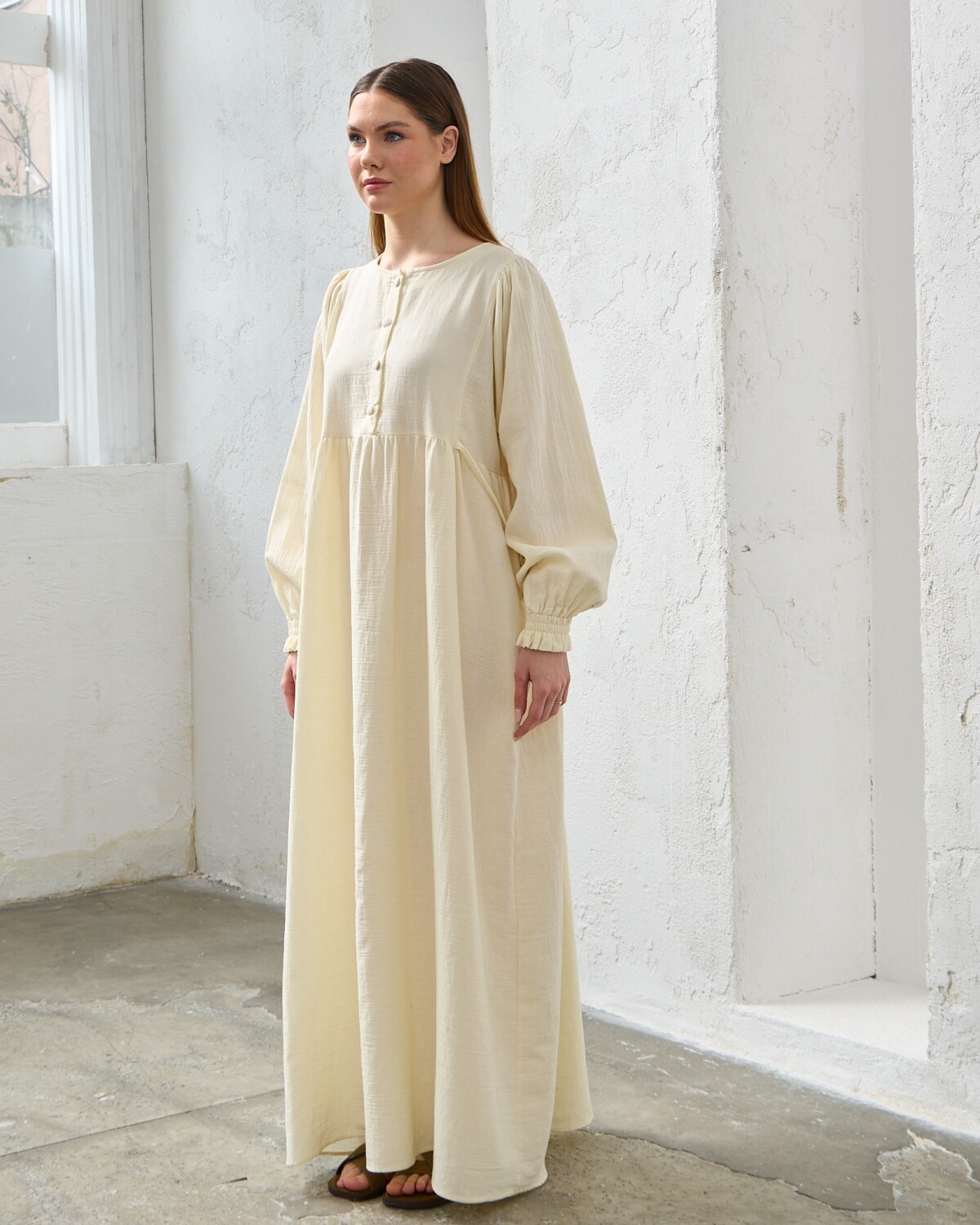 0078 Müslin Belden Bağlamalı Elbise Naturel - 6