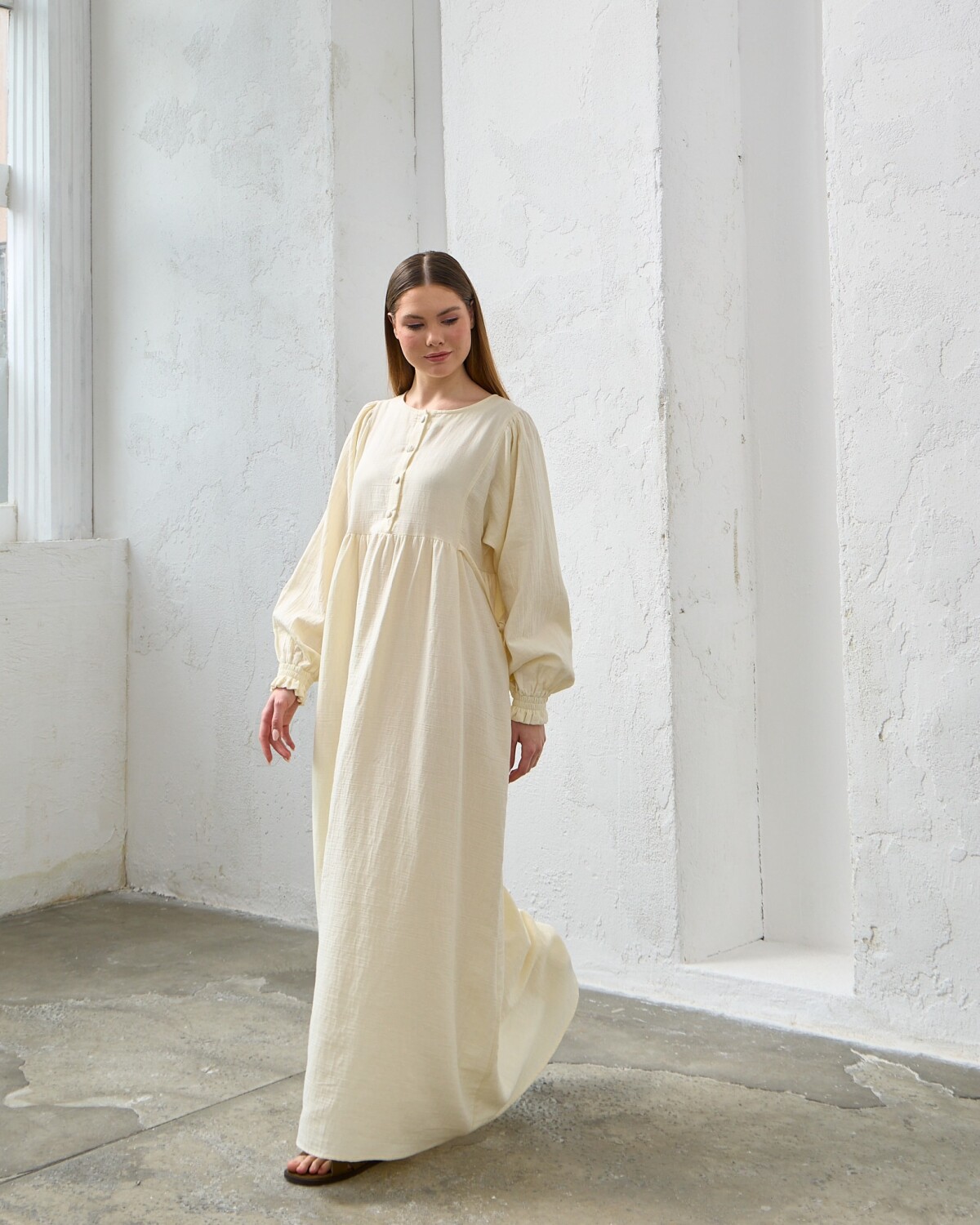 0078 Müslin Belden Bağlamalı Elbise Naturel - 7