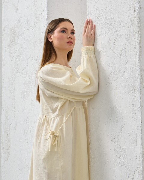 0078 Müslin Belden Bağlamalı Elbise Naturel - 8