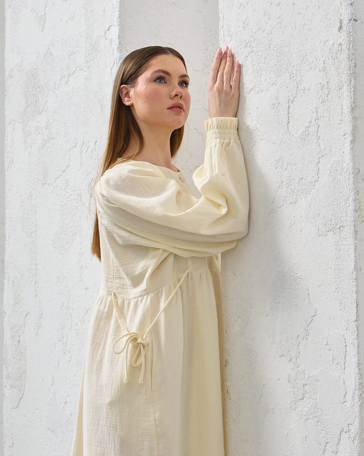 0078 Müslin Belden Bağlamalı Elbise Naturel - 8