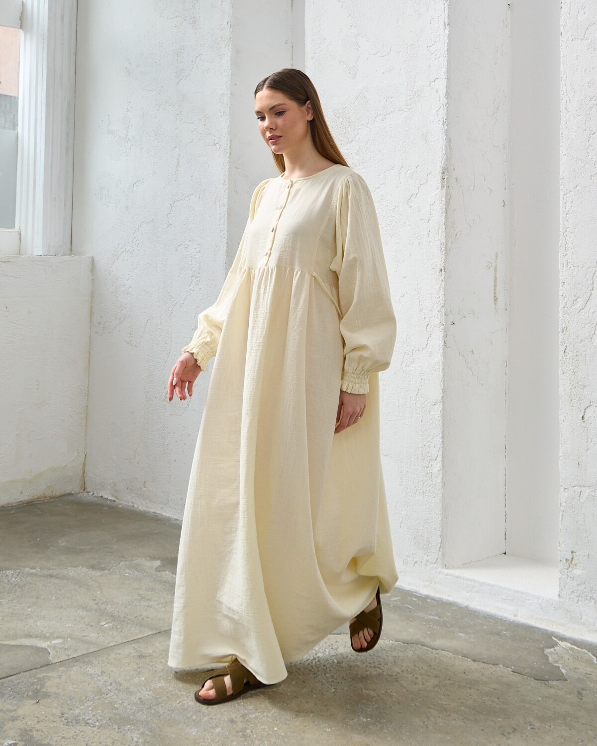 0078 Müslin Belden Bağlamalı Elbise Naturel - 9