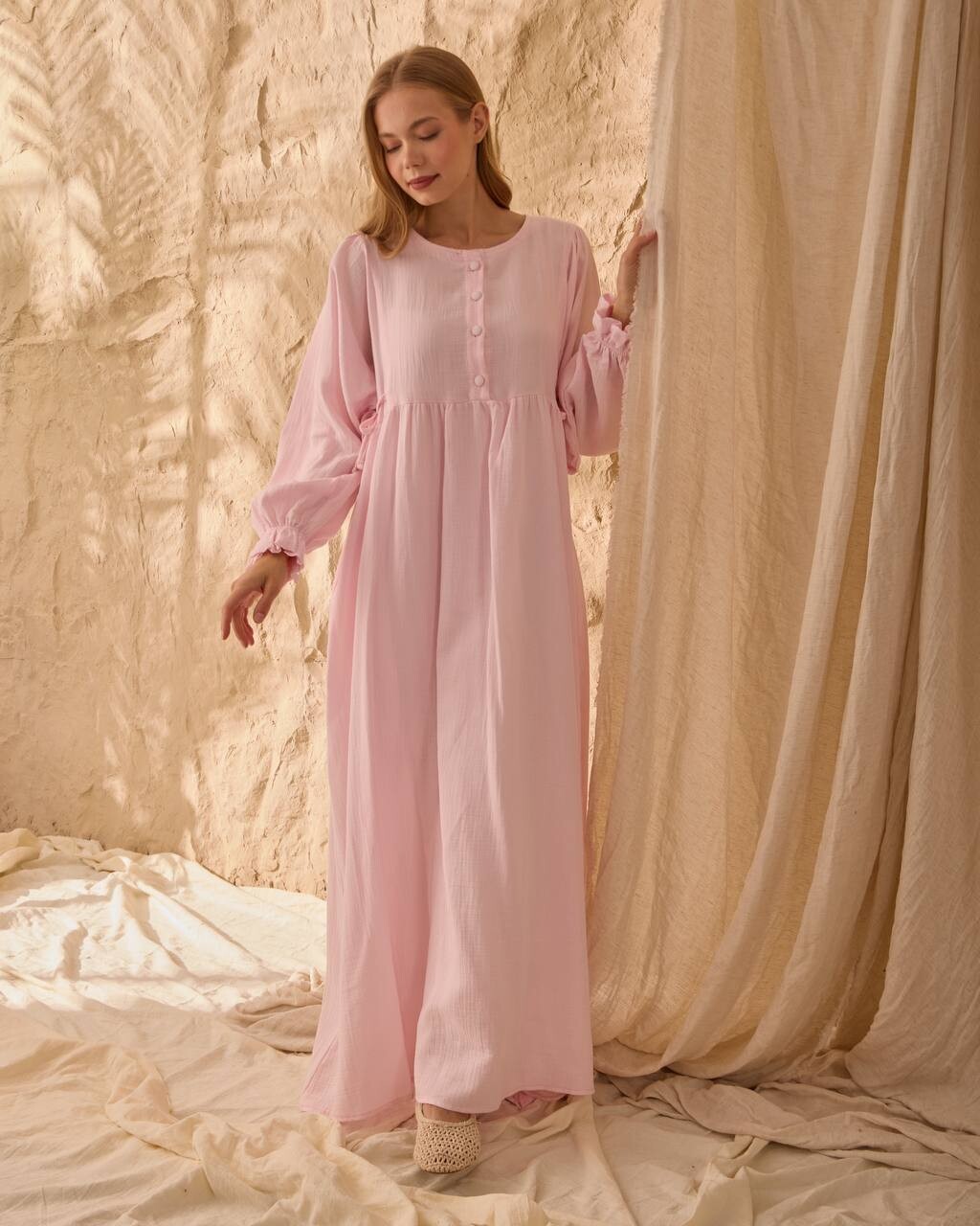 0078 Müslin Belden Bağlamalı Elbise Pembe - 3