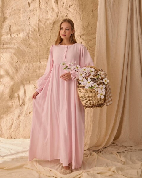 0078 Müslin Belden Bağlamalı Elbise Pembe - 4