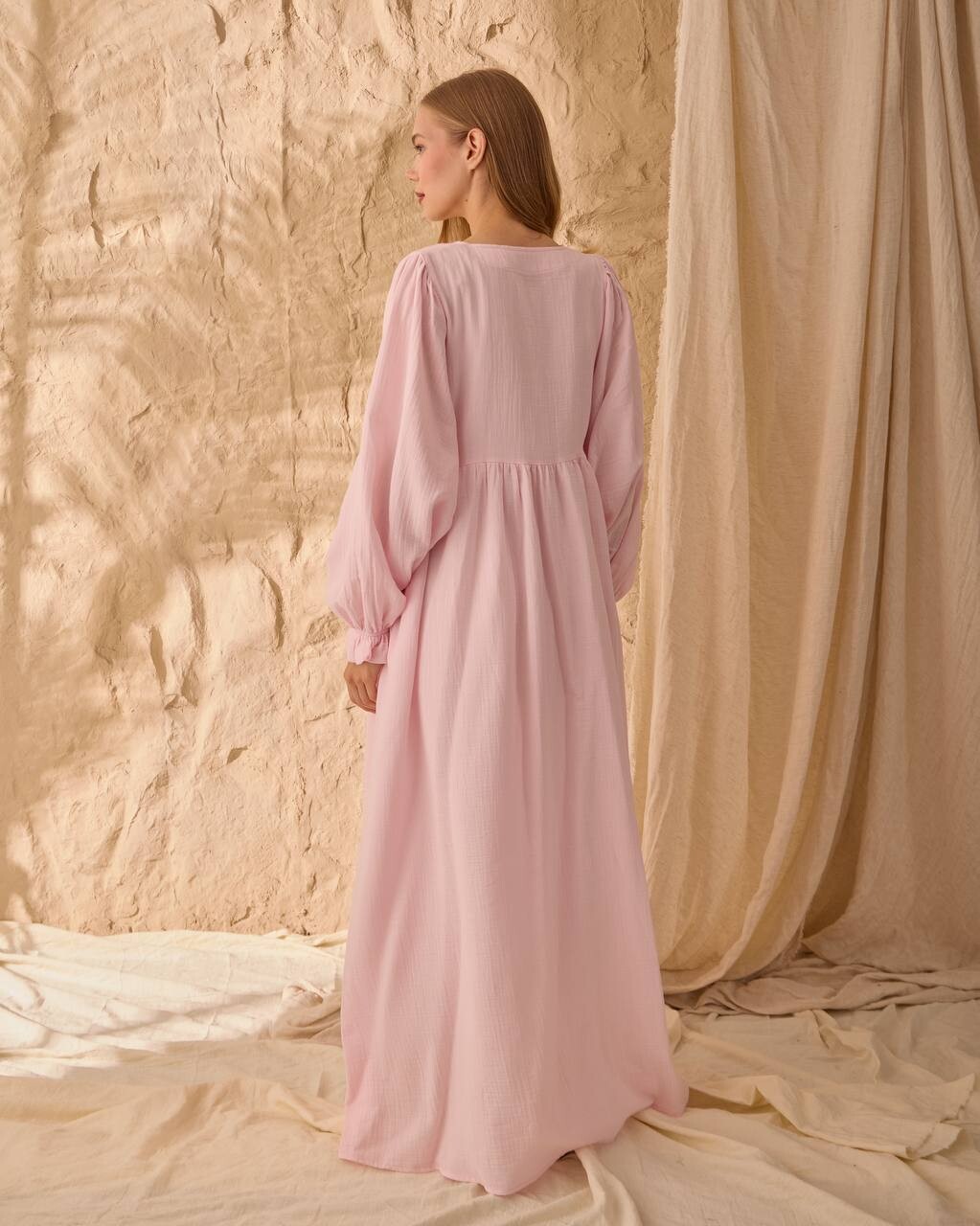 0078 Müslin Belden Bağlamalı Elbise Pembe - 6