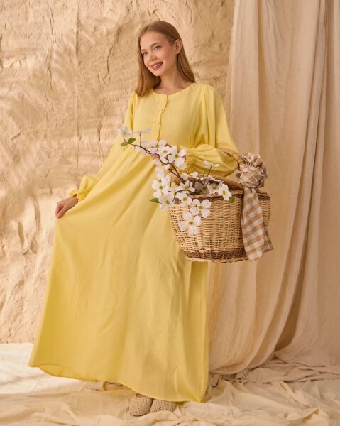 0078 Müslin Belden Bağlamalı Elbise Sarı 