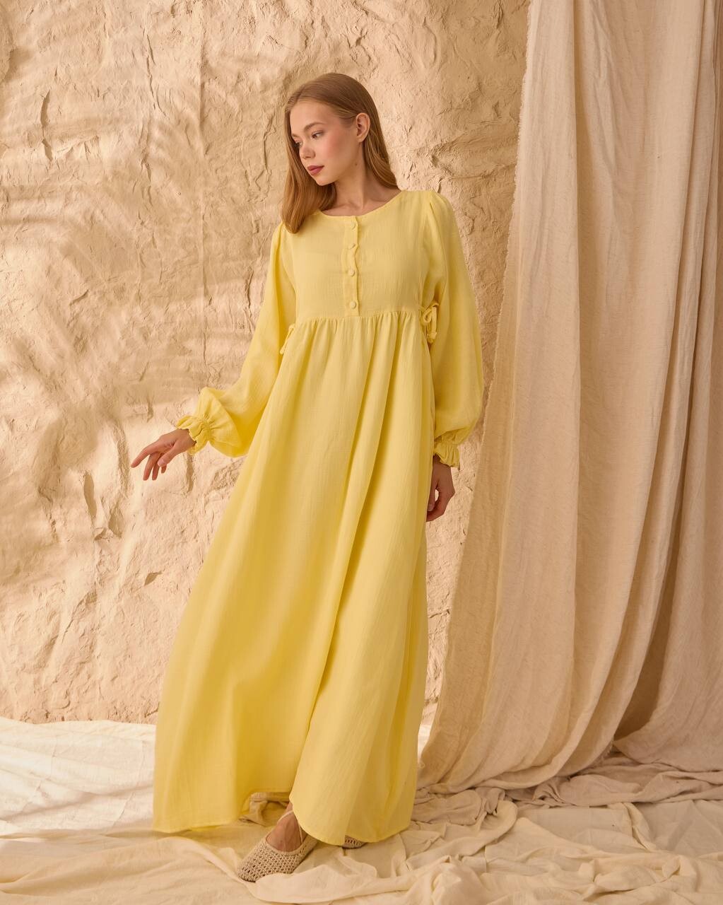 0078 Müslin Belden Bağlamalı Elbise Sarı - 3