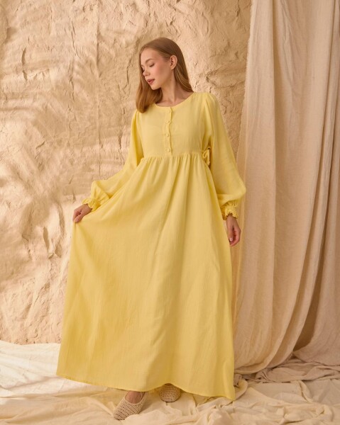 0078 Müslin Belden Bağlamalı Elbise Sarı - 4