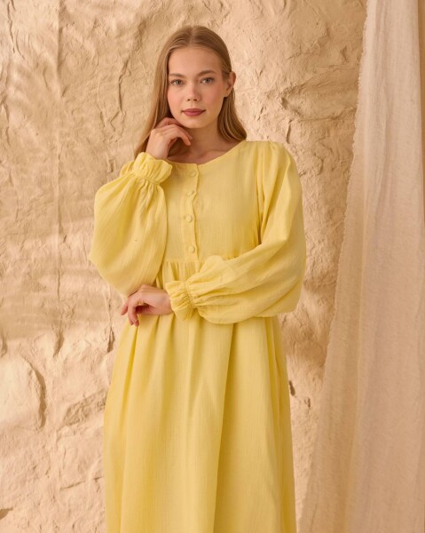 0078 Müslin Belden Bağlamalı Elbise Sarı - 5