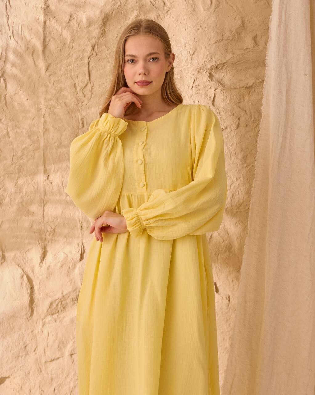 0078 Müslin Belden Bağlamalı Elbise Sarı - 5