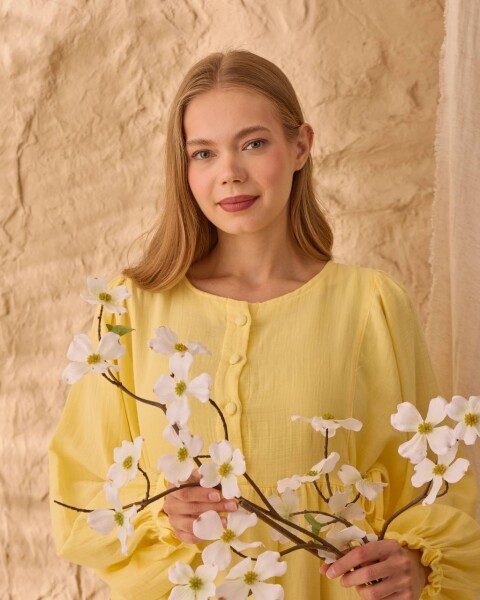 0078 Müslin Belden Bağlamalı Elbise Sarı - 6