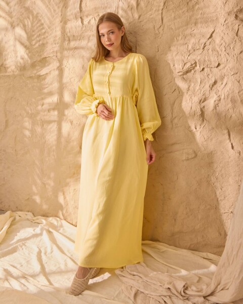 0078 Müslin Belden Bağlamalı Elbise Sarı - 7