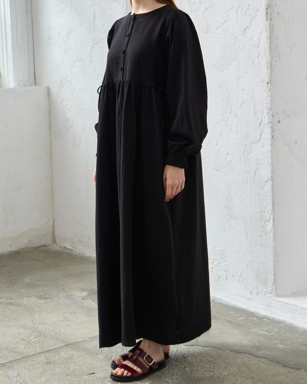 0078 Müslin Belden Bağlamalı Elbise Siyah - 1