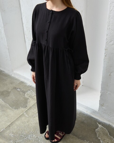 0078 Müslin Belden Bağlamalı Elbise Siyah - 2