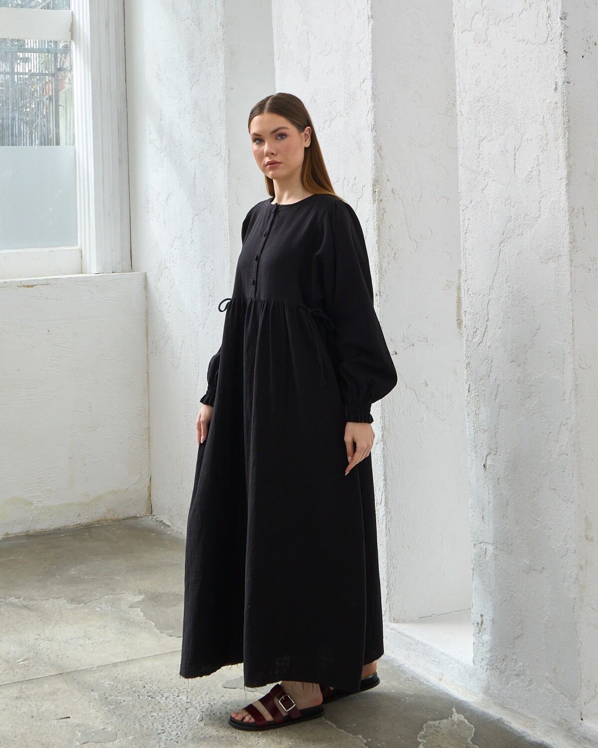 0078 Müslin Belden Bağlamalı Elbise Siyah - 3