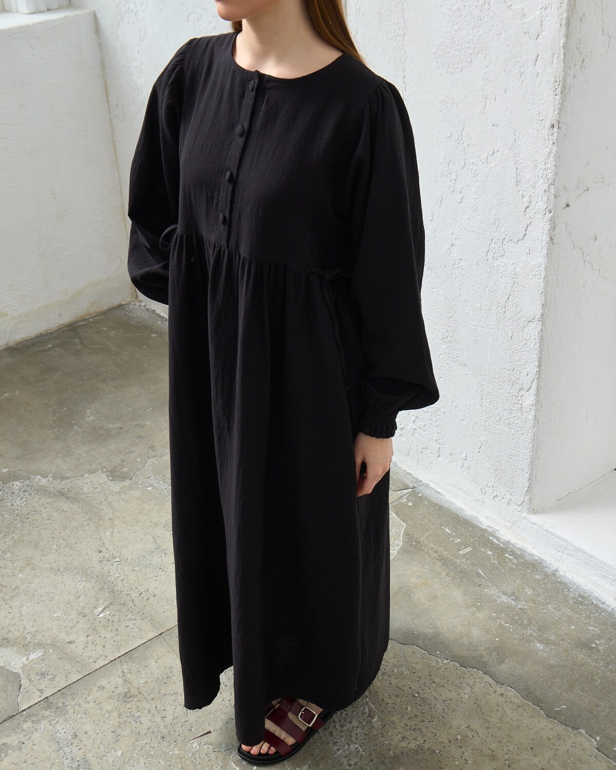 0078 Müslin Belden Bağlamalı Elbise Siyah - 4