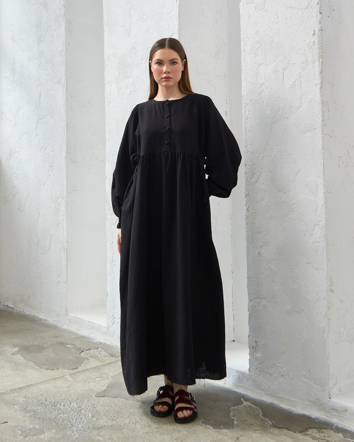 0078 Müslin Belden Bağlamalı Elbise Siyah - 7