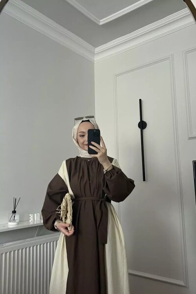 Çift Renk Elbise 36-48 Kahverengi - 3